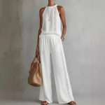 Womens Retro Lace Sleeveless Top And Wide-Leg Pants Two-Piece Set